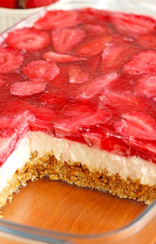 Strawberry Pretzel Dessert recipe available at Sugar Apron